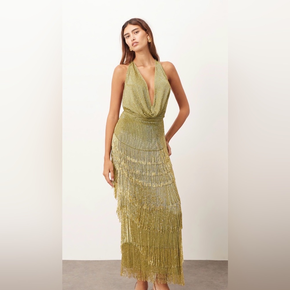 Olive Beaded Fringe Cowl Neck Dress (ARRANGE)